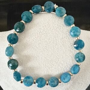 Second Bloom Studio Artisan Made Blue Apatite Stretch Bracelet 7" Teal Gold